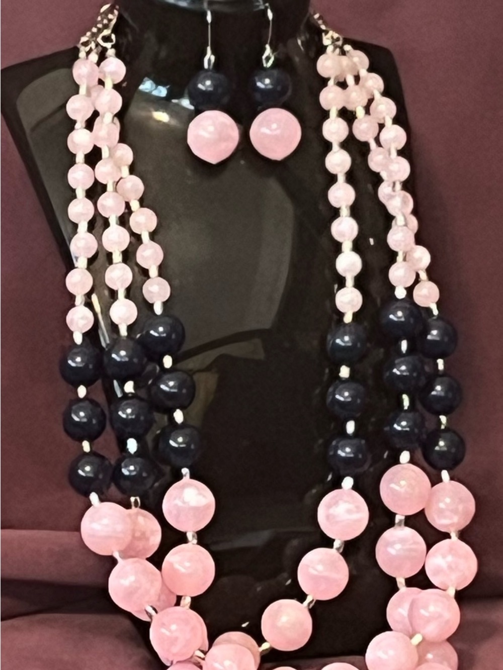Elegant Pink and Navy Beaded Necklace & Earrings Set